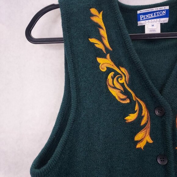 PENDLETON Vest Women's Petite M Green & Gold 100% Wool Button Up Embroidery VTG - Picture 5 of 8